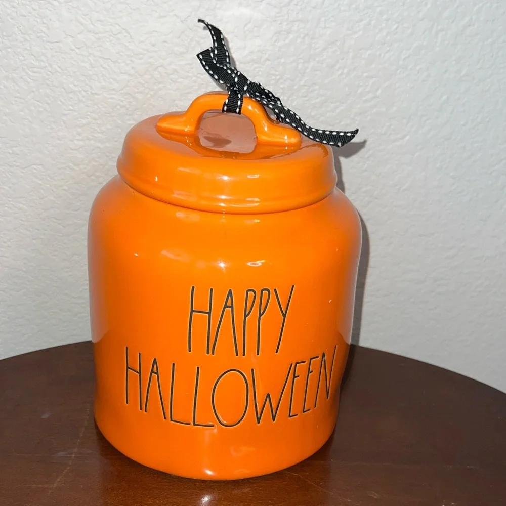 Rae Dunn Happy Halloween Orange Artisan Collection Canister Cookie Jar Seasonal